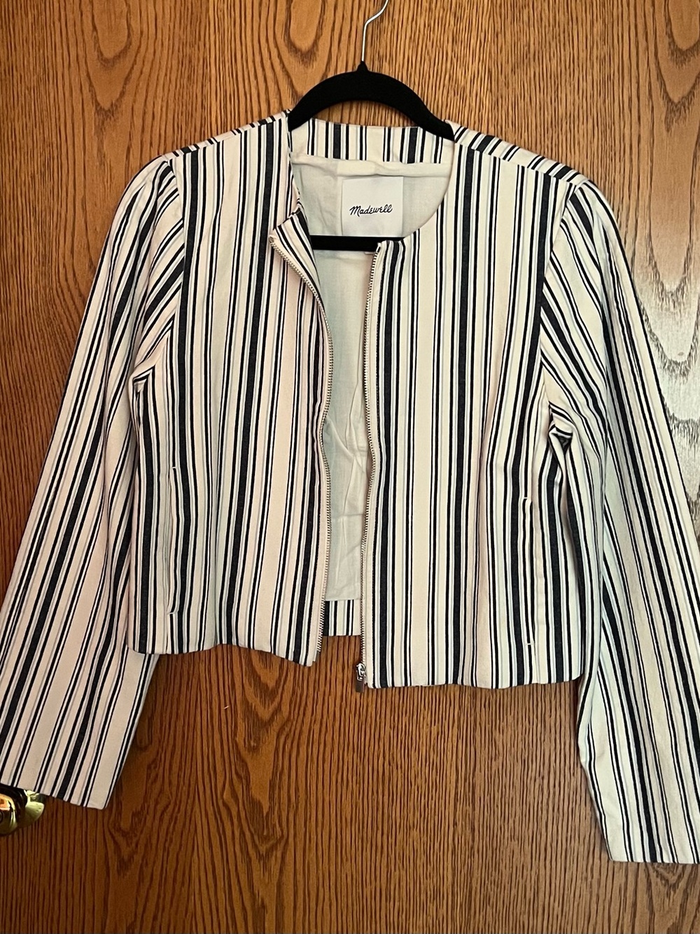 Madewell Cream and Black Striped Cropped Zip Jacket M